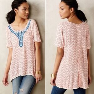 Holding Horses Pink White Geometric Embroidered Tunic Top Boho Festival Size M